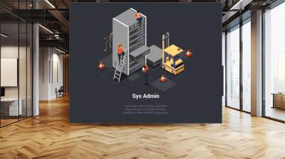 Concept Of Big Data, Sys Admin. Server Room With Hardware Racks or Web Hosting Infrastructure. Characters Control of Working Big Data Storage and Cloud Computing. Isometric 3d Vector illustration Wall mural