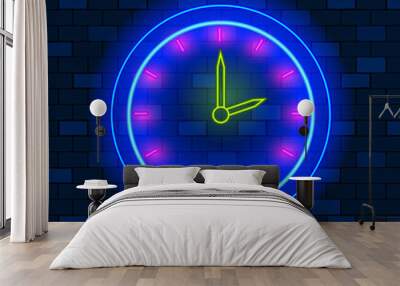 Concept Of Vip Neon Icons, Passing of Time Or Deadline. Cute Vip Neon Clock On The Wall On Dark Brick Wall Background Showing Two OClock. Neon Glowing Mailbox Sign. Flat Style. Vector Illustration Wall mural