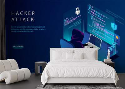 Isometric Internet And Personal Data Hacker Attack Concept. Website Landing Page. The Hacker at The Computer Trying To Hack Security. Credit Card, Bank Account Hacking. Web Page Vector Illustration Wall mural