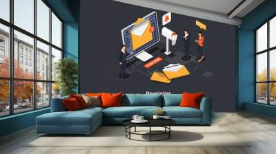 Isometric Newsletter Concept. People Are Reading News. Business Service to Provide Information Using Digital Sources or Paper Press. Social Broadcasting And Journalistic Reports. Vector Illustration Wall mural