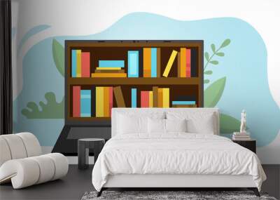 Online Library, E learning, Self Education Concept. Bookshelves With Books On The Laptop Screen. Abstract Background. Education, Reading, Learning online. Cartoon Flat Style. Vector illustration Wall mural