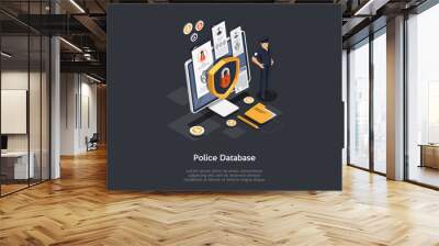 Police Service, Law And Justice, Criminal Concept. The Policeman Protects The Big Screen With Locked Access To Police Database. Security Shield Lock Icon. Colorful 3d Isometric Vector Illustration Wall mural