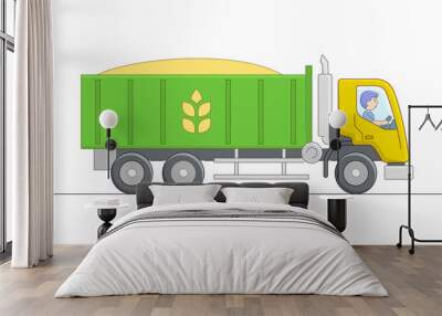 Vector Illustration Of Green And Yellow Tipper With Driver Character. Linear Cartoon Composition On White Background. Outline Rural Farm Object Transporting Goods. Wheat Transportation With Dump Truck Wall mural