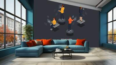 Virtual Reality Vector Isometric Composition. 3D Cartoon Characters Wear Headset With Touching Interface. Group Of People Checking Mail, Browsing Picture, Music Online. Modern Technology Illustration Wall mural