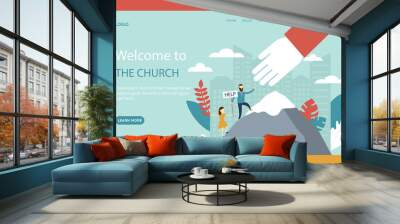 Webpage Vector Illustration In Flat Cartoon Style. Website Interface Composition With Blue Background, Text And Buttons. Characters Climbing Mountain For Help, Huge Hand. Church And Religion Concept Wall mural