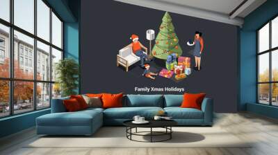 Winter Holidays, Home Coziness, Winter Holidays Attributes. Family Celebrate And Enjoy Christmas At Home. Characters Unpacking Xmas Gifts Near Christmas Tree. Isometric 3D Cartoon Vector Illustration Wall mural