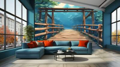 anime forest wooden bridge cartoon fantasy woods nature wood Wall mural