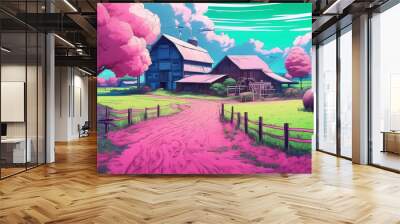 colorful cartoon farm organic farming rural landscape background Wall mural