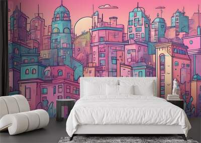 Colorful pastel abstract cute city cityscape skyline buildings  Wall mural