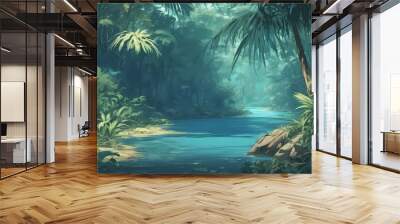 green anime cartoon tropical lush rainforest jungle fantasy background wallpaper travel Wall mural