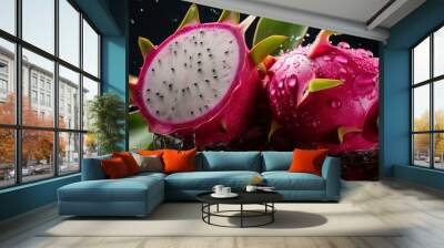 A beautiful display of dragonfruit showing the inside of the fruit and the uniqueness of the fruit shape; food photography; studio lighting; fruit with water drops or mist on it to show freshness Wall mural