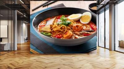 A bowl of spicy noodle with shrimp or prawn and hardboiled egg; Penang asam laksa; malaysian cuisine; asian food; malaysian food; ramen noodle; noodle soup Wall mural