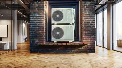 A brick structure with two air conditioning unit in the window area Wall mural