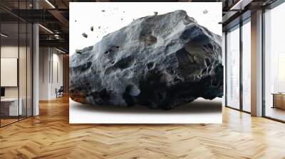 A flying meteorite rock with small debris in the trail with a white background and shadow; large meteorite on a white background; meteorologist and astronomy Wall mural