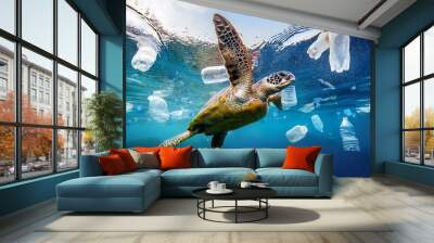 A sea turtle swimming thru plastic trash and pollution in the ocean with clear blue sea water; pollutions and environmental hazards; wildlife in the ocean enduring pollution by humans; save the planet Wall mural