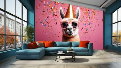 An alpaca or llama smiling in a party hat and sunglasses with celebration confetti flying everywhere; pink background; selective focus;  Wall mural