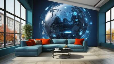 3d rendering of earth with digital overlay showing global connections Wall mural