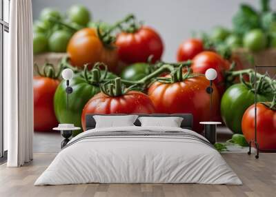 Close-up of fresh red and green tomatoes on vine Wall mural