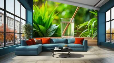 Close-up of glass of water with bamboo straw and green foliage Wall mural