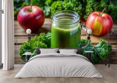 Close-up of green smoothie with apple and kale on wooden table Wall mural