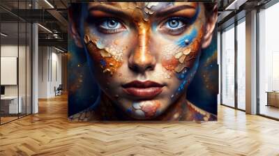 Close-up portrait of woman with vibrant galaxy makeup design Wall mural