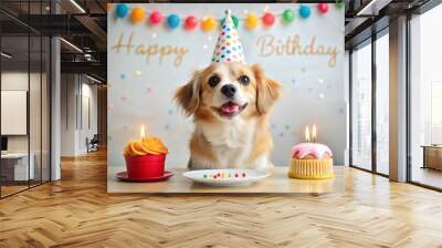 Cute dog birthday celebration with party hat candlelit cakes colorful decor Wall mural