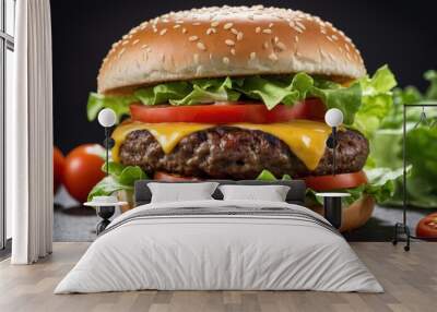 Delicious and juicy cheeseburger with lettuce tomato and melted cheese Wall mural