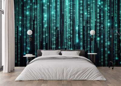 Digital binary code rain matrix streaming against dark backdrop Wall mural