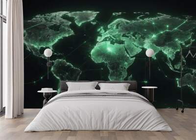 Digital world map with glowing green lines global network continents and oceans outlined creating futuristic Wall mural