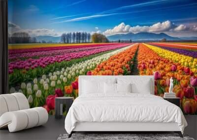 Field of vibrant tulips with mountain range and blue sky Wall mural