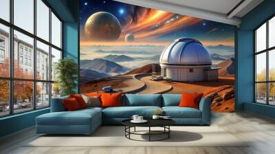 Futuristic observatory on mars overlooking stunning planetary scenery under breathtaking sky Wall mural