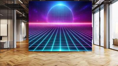 Futuristic vaporwave landscape with neon grid and glowing horizon in space Wall mural