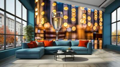 Glass of wine on table with festive blurry lights Wall mural