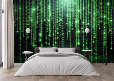 Glowing green matrix digital code stream background with binary data Wall mural