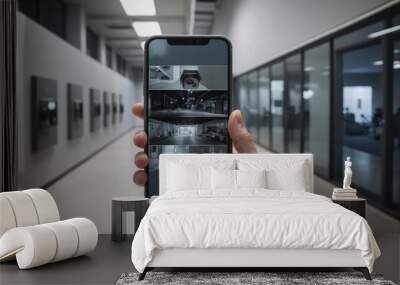 Hand holding smartphone displaying security interface in modern office Wall mural