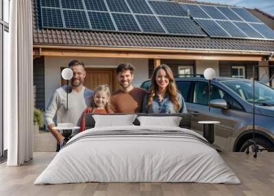 Happy family in front of eco-friendly home with solar panels Wall mural