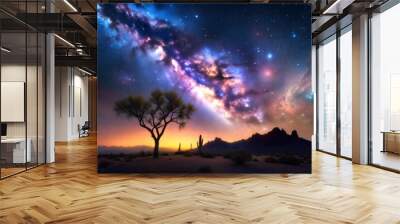 Milky way galaxy over desert with solitary tree silhouette Wall mural