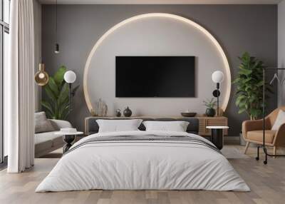 Modern living room interior with large TV mounted on wooden cabinet illuminated circular light fixture Wall mural