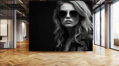 Mysterious woman in sunglasses and leather jacket in black and white Wall mural