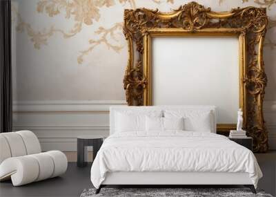 Ornate gold blank white frame against floral wall Wall mural