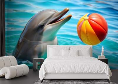 Playful dolphin with beach ball in blue pool Wall mural