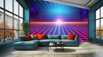 Retro-futuristic grid with vivid colors and glowing horizon in digital landscape Wall mural