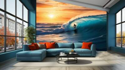 Silhouette of lone surfer rides massive wave at sunset against fiery sky and turquoise water Wall mural