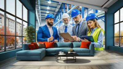 Team of engineers discussing plans in warehouse setting Wall mural