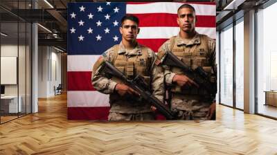 Two men in military uniform standing proudly in front of american flag holding rifles Wall mural