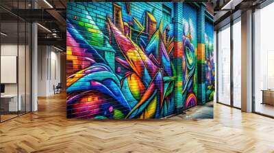 Vivid urban street art mural on colorful building wall decorated with graffiti Wall mural