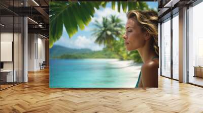 Woman with blonde hair contemplating tropical paradise Wall mural