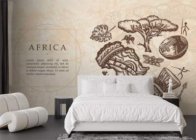 Africa. Kalimba, map, drum. Tradition and culture. Renaissance background. Medieval manuscript, engraving art Wall mural