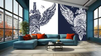 Ancient Rome. Spartan warrior.  Swords, rose and angel wings. Symbol of bravery, fight, hero and army. Black and white vector graphics Wall mural