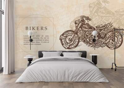 Bikers. Burning motorcycle, rider sport style. Renaissance background. Medieval manuscript, engraving art Wall mural